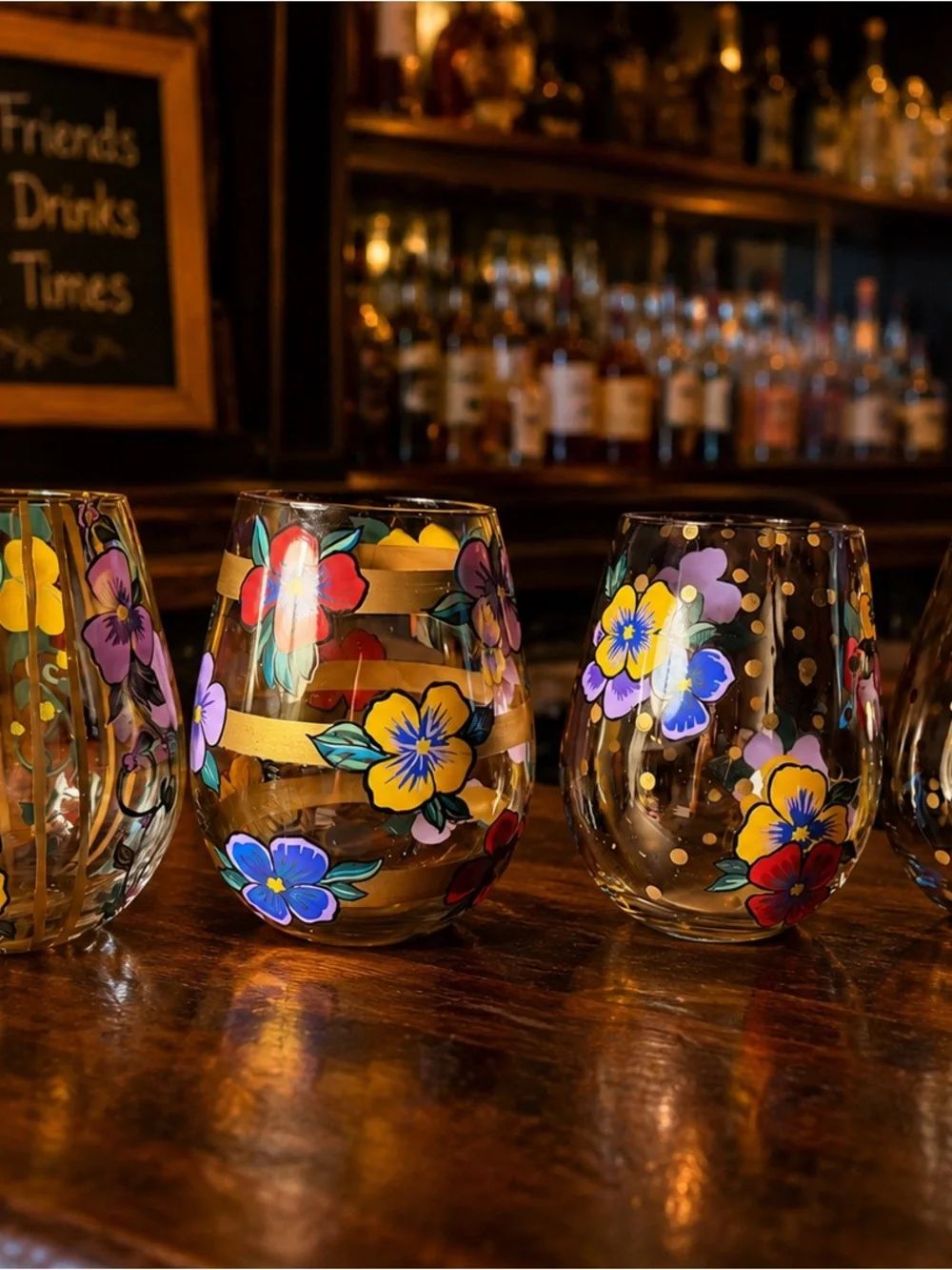 Lolita Hand-Painted Floral Stemless Wine Glasses Colorful Flowers & Gold Accents